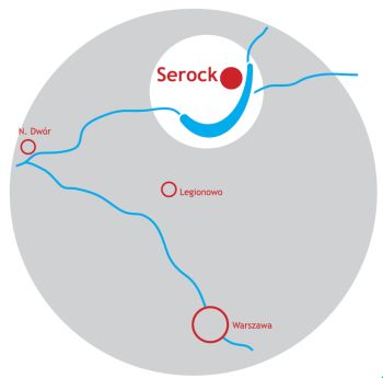 Serock -schematyczna mapa położenia miasta nad Jeziorem Zegrzyńskim na Północnym Mazowszu