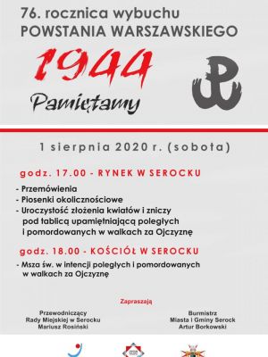 Zaproszenie na obchody 76. rocznicy Powstania Warszawskiego na serockim rynku