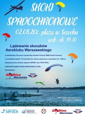 Informacja o pokazie skoków spadochronowych na plaży miejskiej w Serocku