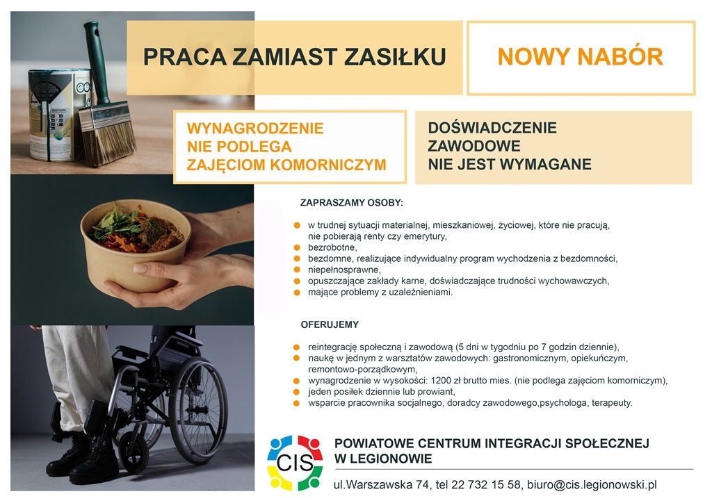 Praca zamiast zasiłku - plakat Powiatowego Centrum Integracji Społecznej