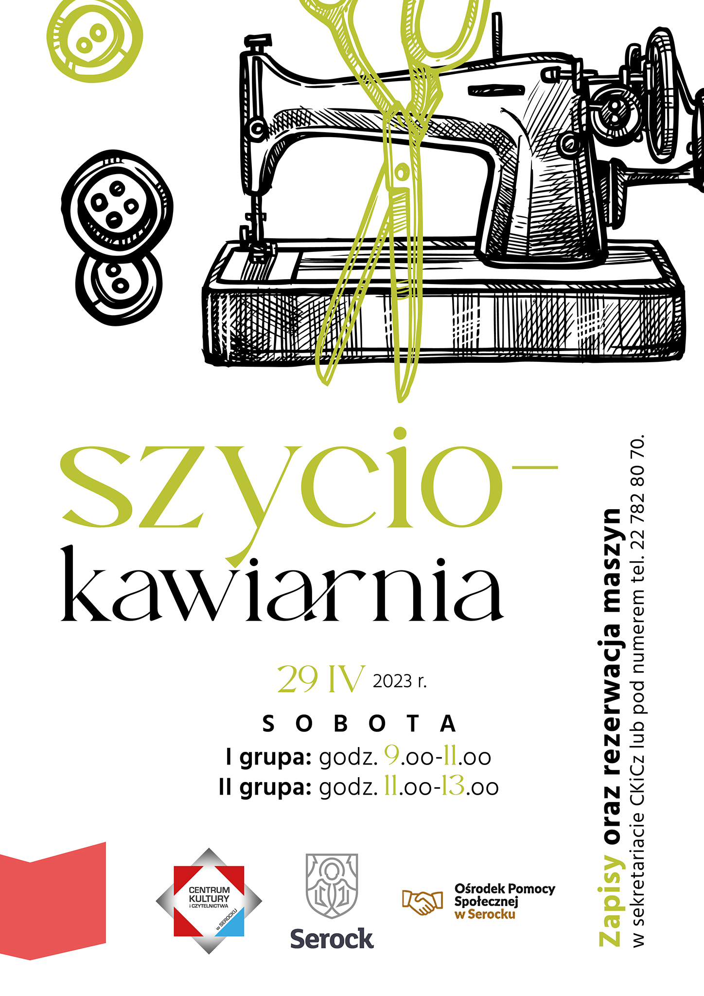 Plakat przedstawia warsztaty szycia na maszynach