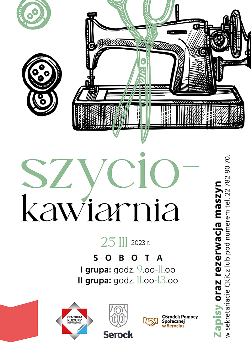 Plakat przedstawia warsztaty szycia na maszynach
