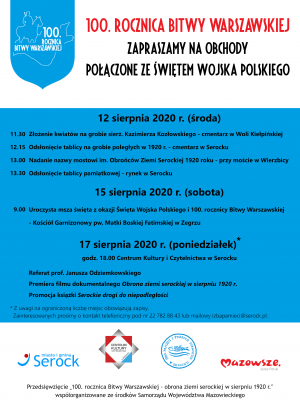 Plakat informujący o wydarzeniach towarzyszacych obchodom 100-lecia Bitwy Waraszawskiej