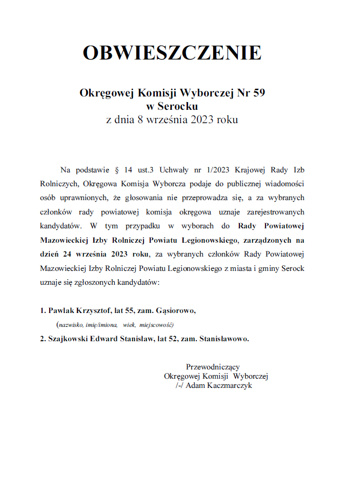 Obwieszczenie Okręgowej Komisji Wyborczej z dnia 8 września 2023