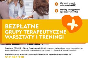 Plakat - bezpłatne grupy terapeutyczne, warsztaty, treningi